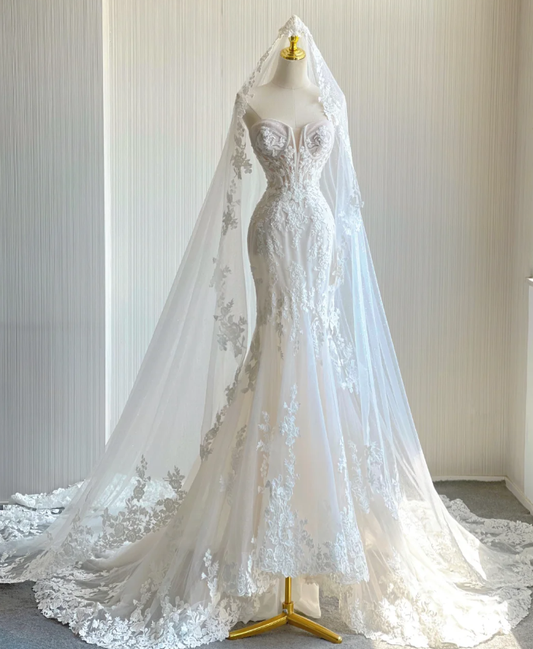 Edel Elegante Meerjungfrau Liebsten Weiß Spitze Brautkleider Bräute Kleid DP441