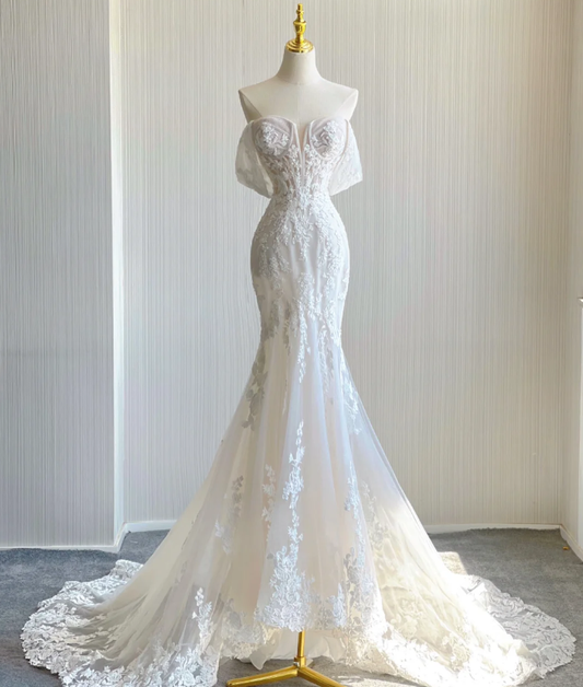 Edel Elegante Meerjungfrau Liebsten Weiß Spitze Brautkleider Bräute Kleid DP441