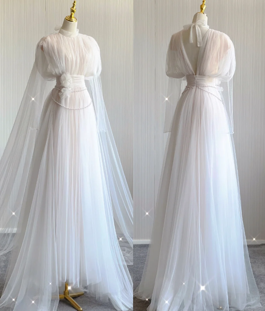Einzigartiges A-Linien-Hochzeitskleid mit hohem Ausschnitt und Tüll in Weiß, langes Brautkleid DP443