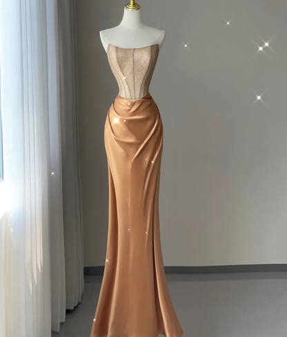 Pretty Mermaid Strapless Satin Sleeveless Long Prom Dresses Evening Dresses DP445