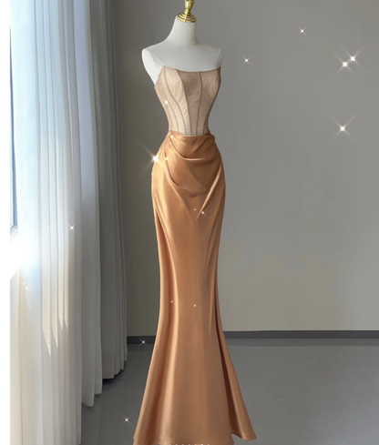 Pretty Mermaid Strapless Satin Sleeveless Long Prom Dresses Evening Dresses DP445