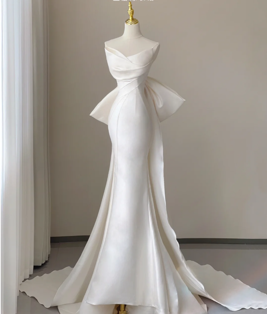 Edel Elegant Meerjungfrau Liebsten Weiß Satin Brautkleider Bräute Kleid DP447