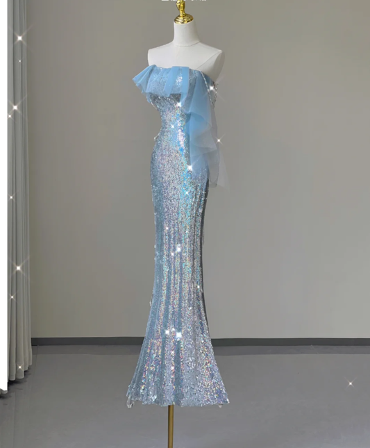 Hübsche Meerjungfrau Trägerloses Blaues Pailletten Langes Silbernes Ballkleid Abendkleid DP450