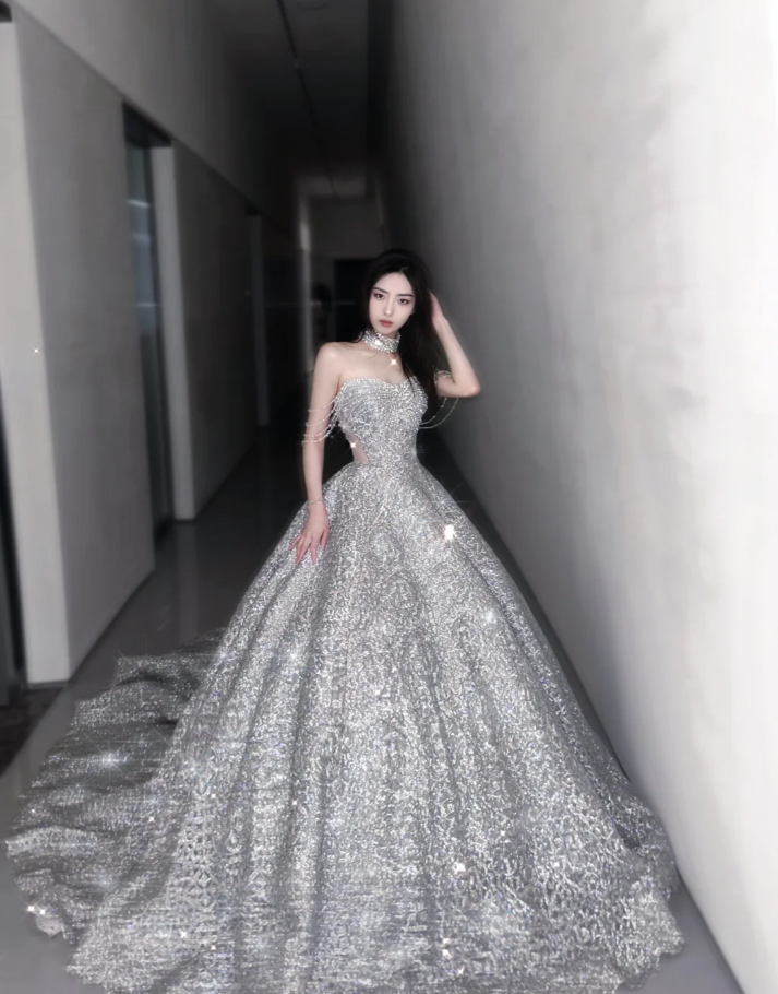 Hübsches Ballkleid Trägerloses Pailletten Langes Silbernes Ballkleid Funkelnde Abendkleider DP451
