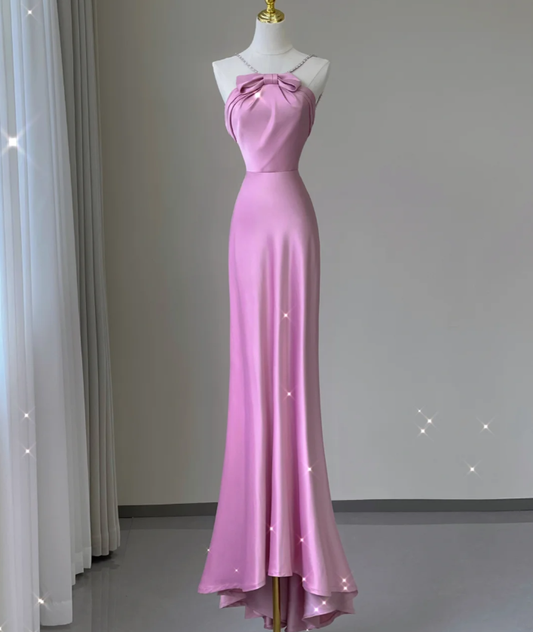 Hübsche Meerjungfrau Neckholder Ärmellos Rosa Lange Satin Ballkleider Einfache Abendkleider DP452