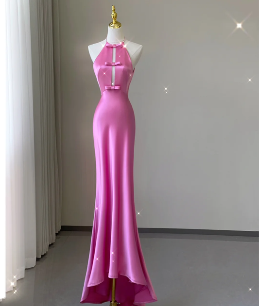 Hübsche Meerjungfrau Neckholder Ärmellos Rosa Lange Satin Ballkleider Einfache Abendkleider DP453