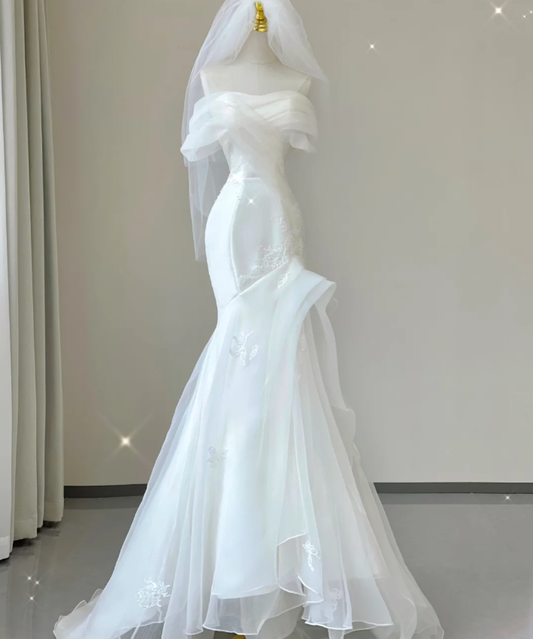 Edle Elegante Meerjungfrau Off The Shoulder Weiß Kurze Ärmel Satin Brautkleider Brautkleid DP454