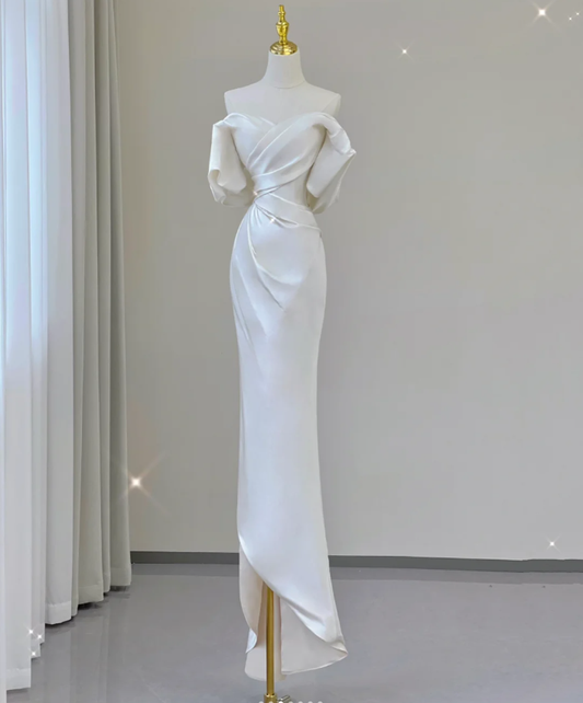 Edle Elegante Meerjungfrau Off The Shoulder Weiß Kurze Ärmel Satin Brautkleider Brautkleid DP455