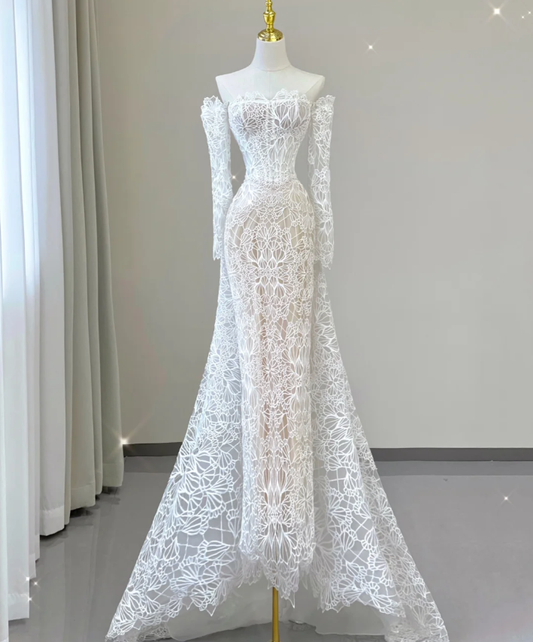 Edle Elegante Meerjungfrau Off The Shoulder Weiß Lange Ärmel Spitze Brautkleider Brautkleid DP456