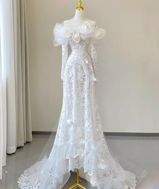 Edle Elegante Meerjungfrau Off The Shoulder Weiß Lange Ärmel Blumen Brautkleider Brautkleid DP458