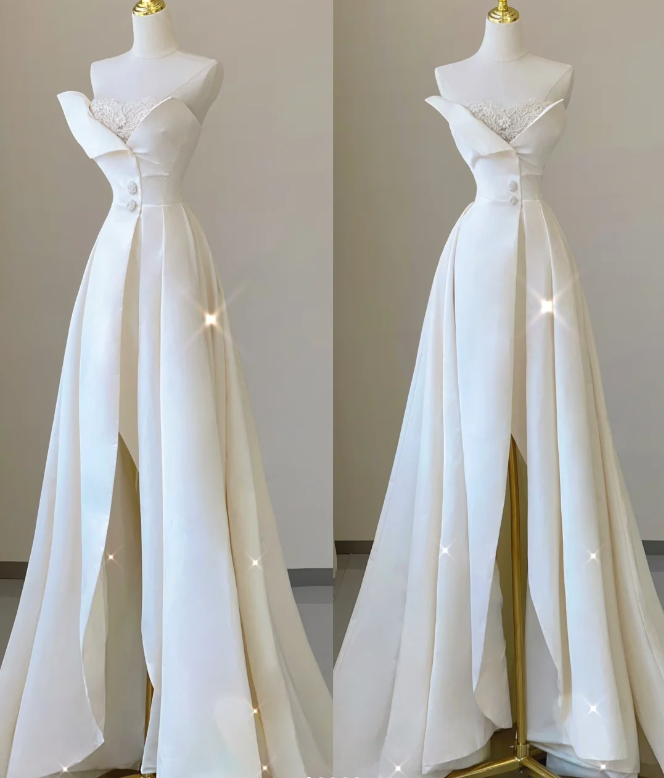 Einzigartiges A-Linie Trägerloser Ausschnitt Satin Langes Brautkleid Weißes Brautkleid DP459