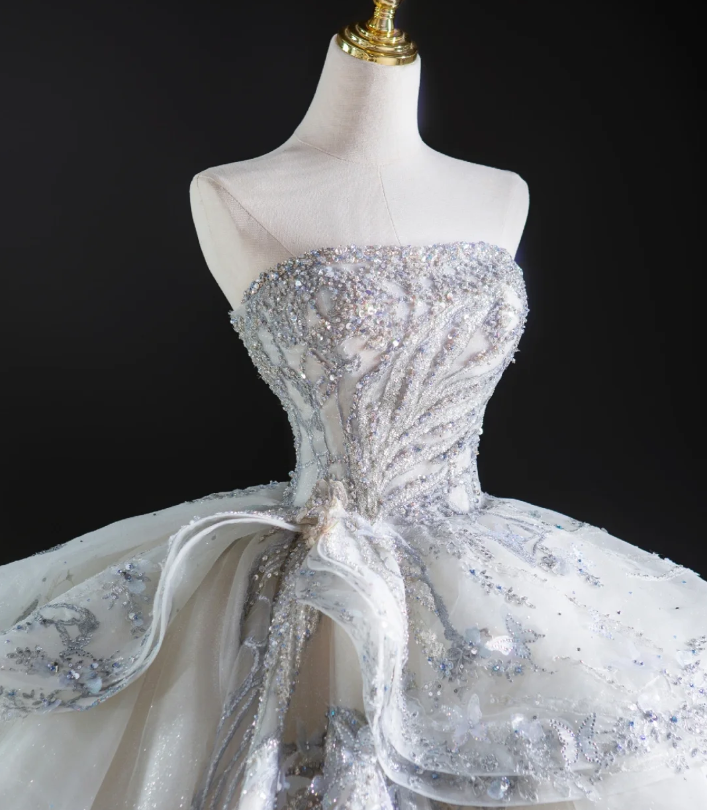 Zeitloses Ballkleid Trägerloses Pailletten Weiß Langes Brautkleid Brautkleid DP460