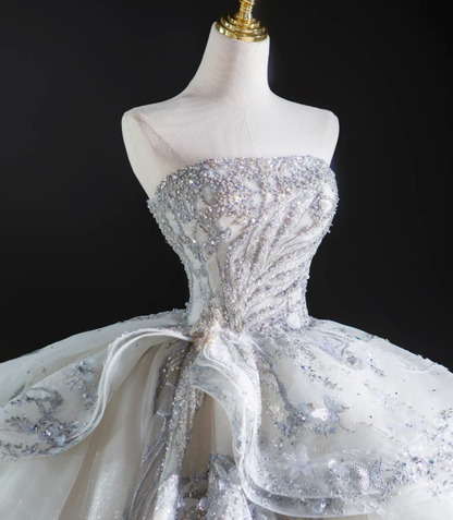 Zeitloses Ballkleid Trägerloses Pailletten Weiß Langes Brautkleid Brautkleid DP460