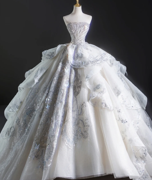 Zeitloses Ballkleid Trägerloses Pailletten Weiß Langes Brautkleid Brautkleid DP460