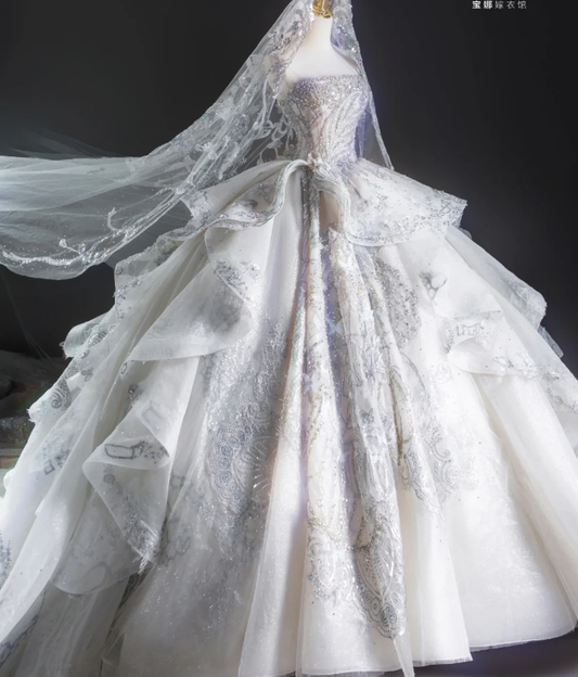 Zeitloses Ballkleid Trägerloses Pailletten Weiß Langes Brautkleid Brautkleid DP460