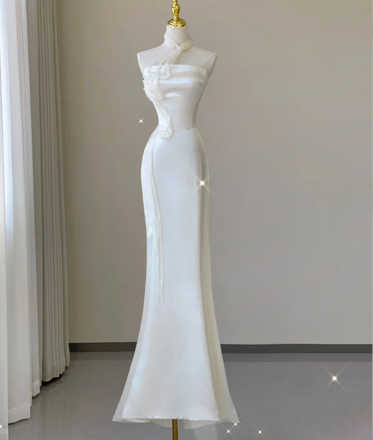 Edel Elegante Meerjungfrau Eine Schulter Weiß Lange Satin Brautkleider Bräute Kleid DP462