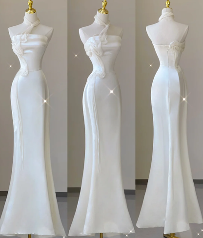 Classy Elegant Mermaid One Shoulder White Long Satin Wedding Dresses Brides Dress DP462