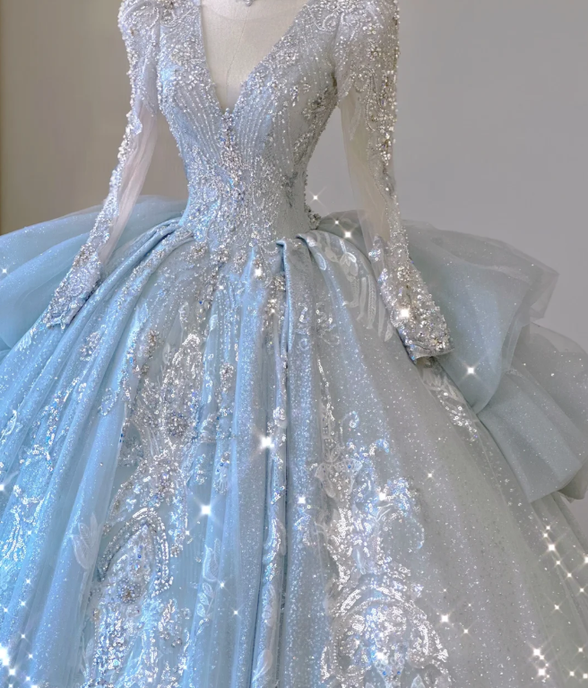 Zeitloses Ballkleid mit V-Ausschnitt und Pailletten in Blau mit langen Ärmeln, Brautkleider, Brautkleid DP465