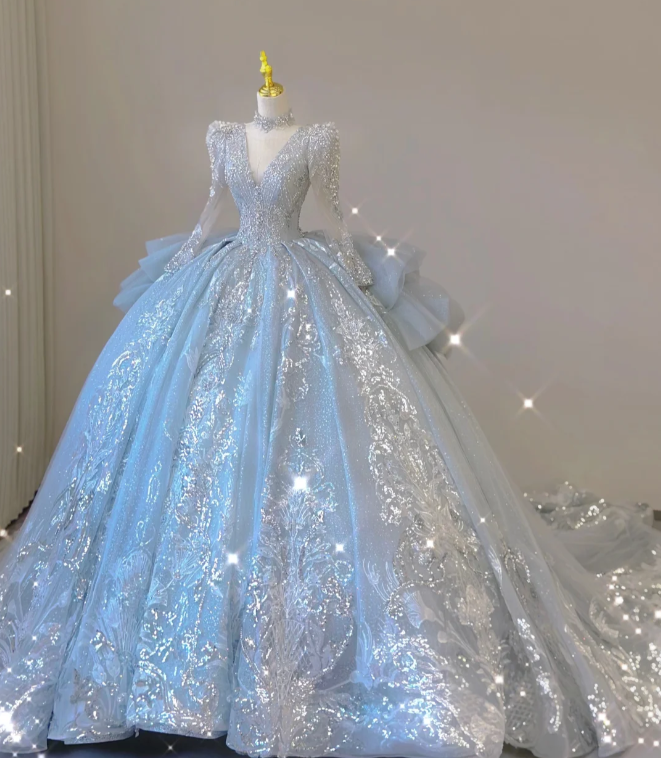Zeitloses Ballkleid mit V-Ausschnitt und Pailletten in Blau mit langen Ärmeln, Brautkleider, Brautkleid DP465