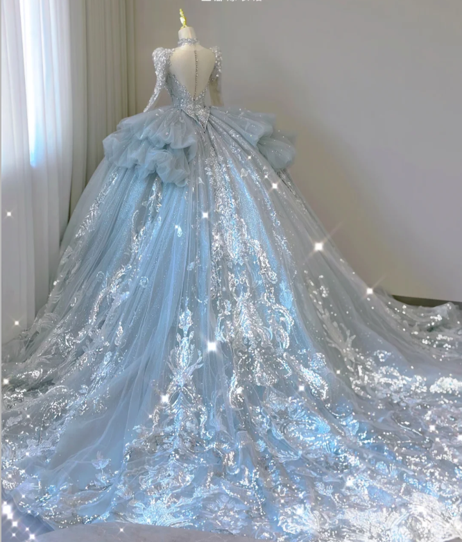Zeitloses Ballkleid mit V-Ausschnitt und Pailletten in Blau mit langen Ärmeln, Brautkleider, Brautkleid DP465