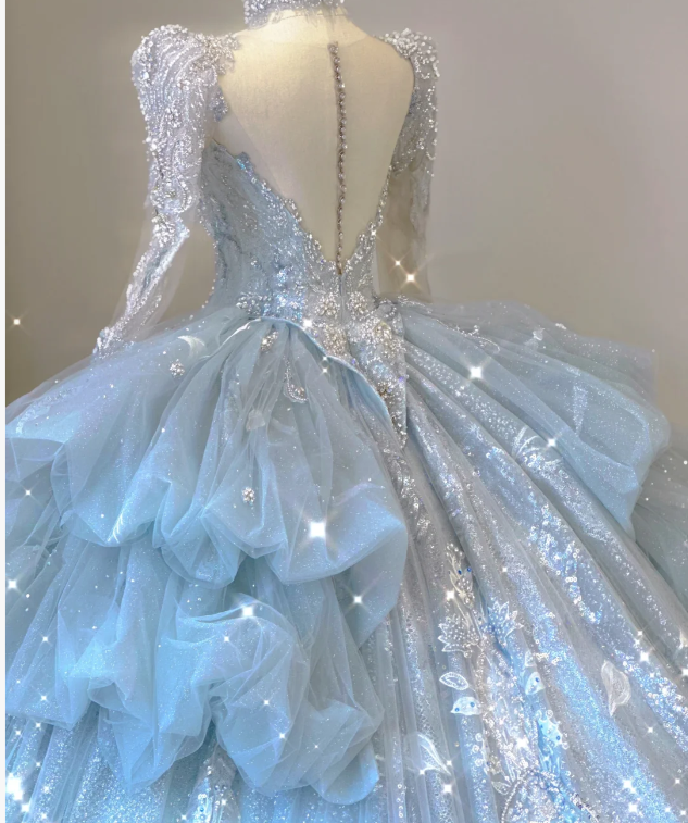 Zeitloses Ballkleid mit V-Ausschnitt und Pailletten in Blau mit langen Ärmeln, Brautkleider, Brautkleid DP465