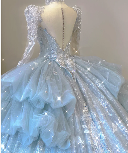 Zeitloses Ballkleid mit V-Ausschnitt und Pailletten in Blau mit langen Ärmeln, Brautkleider, Brautkleid DP465