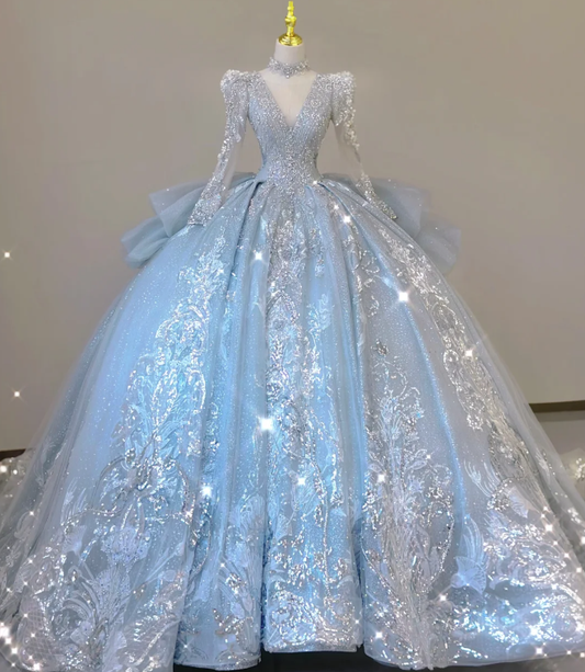 Zeitloses Ballkleid mit V-Ausschnitt und Pailletten in Blau mit langen Ärmeln, Brautkleider, Brautkleid DP465