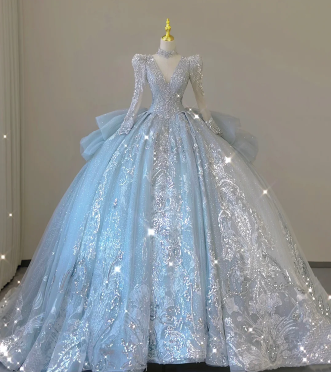 Zeitloses Ballkleid mit V-Ausschnitt und Pailletten in Blau mit langen Ärmeln, Brautkleider, Brautkleid DP465