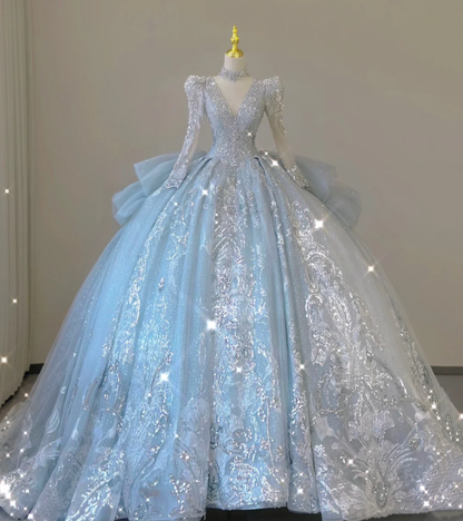 Zeitloses Ballkleid mit V-Ausschnitt und Pailletten in Blau mit langen Ärmeln, Brautkleider, Brautkleid DP465