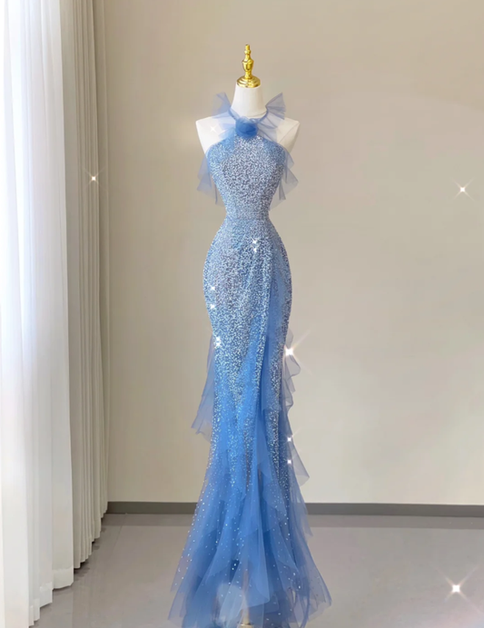 Hübsche Meerjungfrau Neckholder Blau Pailletten Ärmellos Lange Ballkleider Abendkleider DP469
