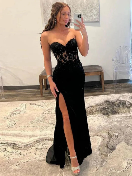 Edle Sweetheart Neck Black Lace Prom Kleider Schwarze Spitze Meerjungfrau Formale Abendkleider Abschlusskleid DP475