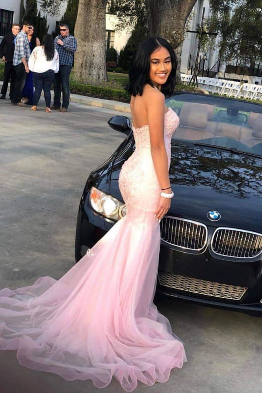 Edle Rosa Herzausschnitt Ärmellose Spitze Meerjungfrau Ballkleider mit Schleppe Abendkleider Abschlusskleid DP476