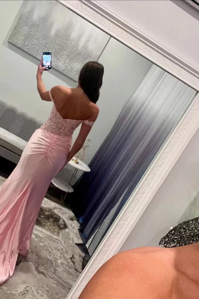 Rosa schulterfreies langes Meerjungfrau-Ballkleid mit Schlitz Abschlusskleid DP480