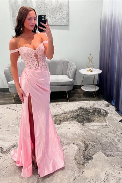 Rosa schulterfreies langes Meerjungfrau-Ballkleid mit Schlitz Abschlusskleid DP480