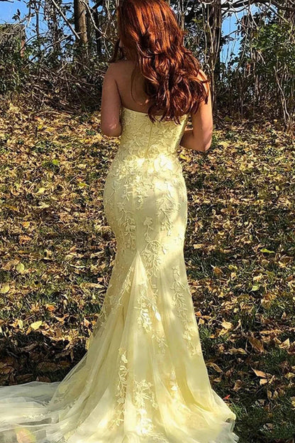 Hübsches trägerloses Ballkleid, Meerjungfrau-Spitze, langes Abendkleid mit Schlitz, Abschlusskleid, DP483