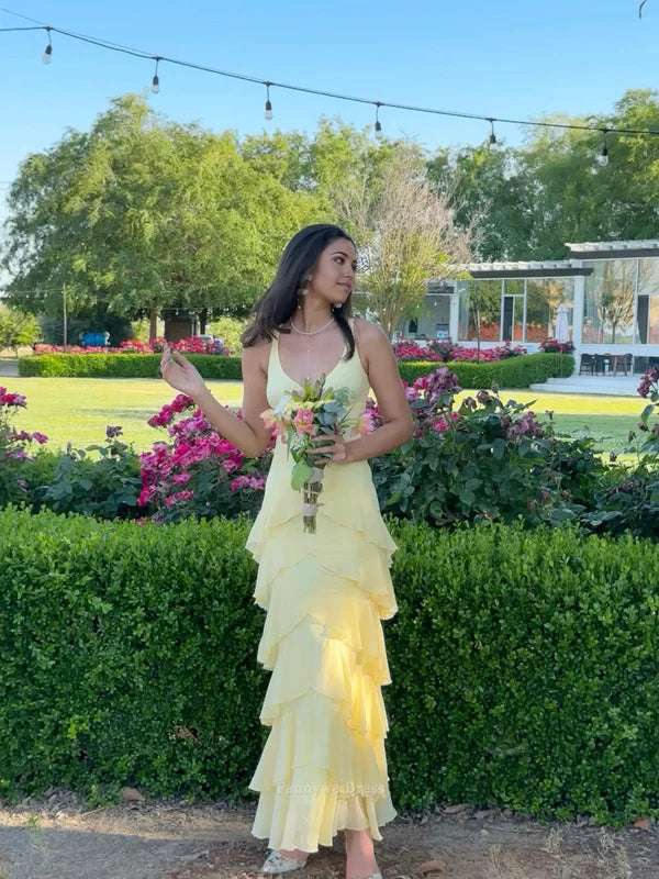 Classy Mermaid Elegant V-Neck Tiered Light Yellow Long formal dresses Bridesmaid Dresses Prom Dress V-Neck Tiered Light Yellow Long formal Dress DP485