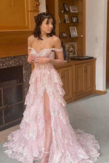 Pretty Off the Shoulder Black Tulle Appliques Off-the-Shoulder Ruffle Long Prom Dress Graduation Dress DP517
