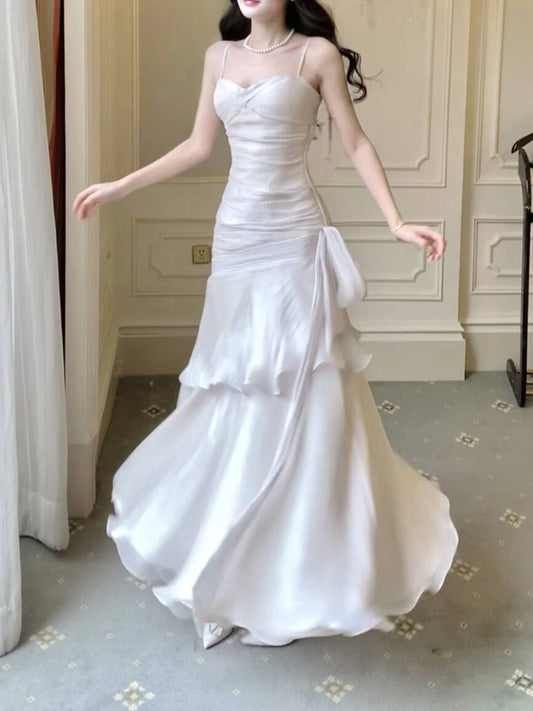 Weißes Satin Sweetheart Meerjungfrau Träger Langes Partykleid, Weißes Satin Ballkleid Formales Kleid DP502
