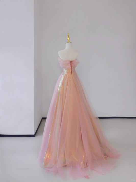Wunderschönes A-Linie Herzausschnitt Ärmelloses Pailletten Rosa Langes Ballkleid Abschlussballkleid DP502