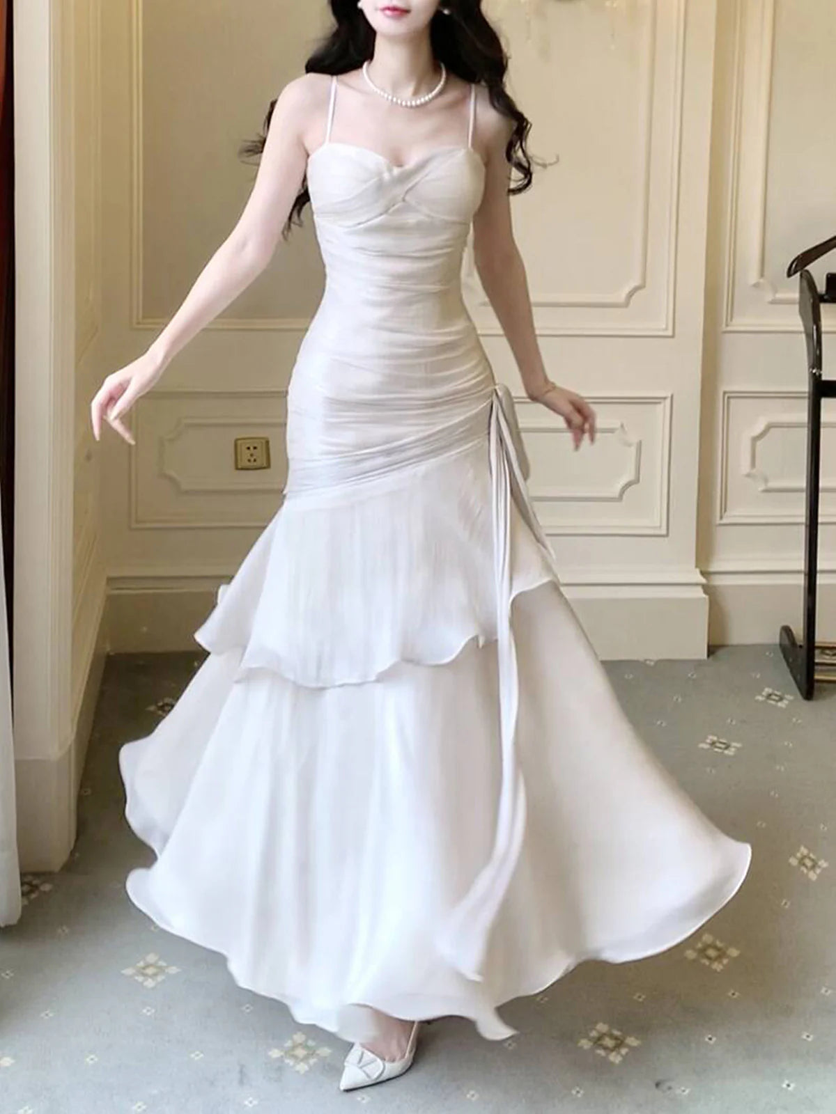 White Satin Sweetheart Mermaid Straps Long Party Dress, White Satin Prom Dress Formal Dress DP502