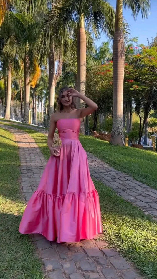 Edles Ballkleid Trägerlos Rosa Bodenlang Satin Schlitz Ballkleider Abendkleider Abschlussballkleider DP509