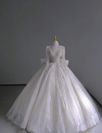 Timeless Ball Gown V Neckline Long Sleeves Long Satin White Sweep Train Wedding Dresses Brides Dress DP509