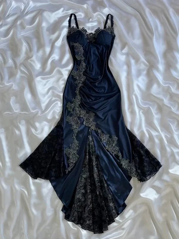 Classy Bodycon Mermaid Straps Long Navy Blue Lace Prom Dress Party Dresses Graduation Dresses DP512