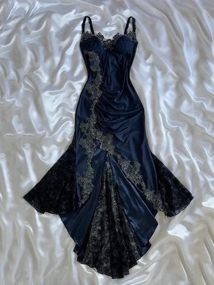 Classy Bodycon Mermaid Straps Long Navy Blue Lace Prom Dress Party Dresses Graduation Dresses DP512