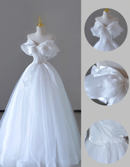 Dreamy Ball Gown Off The Shoulder Tulle Long White Wedding Dresses Summer Brides Dress DP517