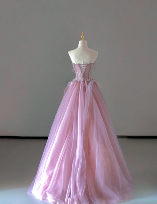 Hübsches Ballkleid Trägerlos Rosa Tüll Ärmellos Lange Ballkleider Abendkleider DP521