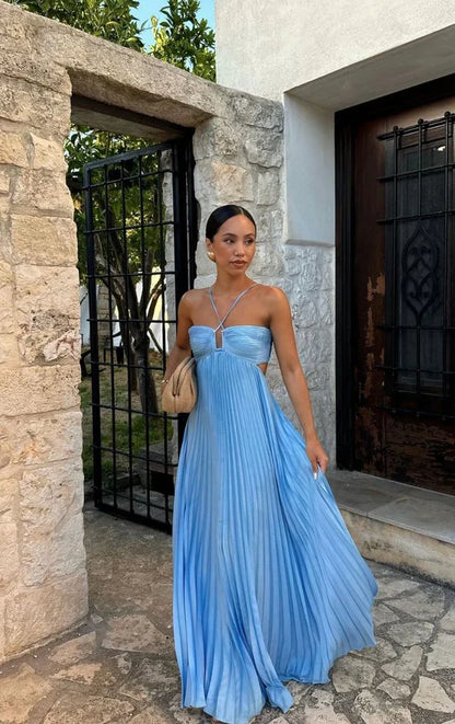 Classy A line Halter Blue Sleeveless Hollow pleated long Prom dresses Graduation Dresses DP521