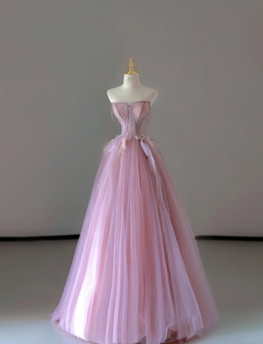 Hübsches Ballkleid Trägerlos Rosa Tüll Ärmellos Lange Ballkleider Abendkleider DP521