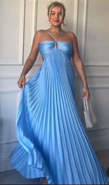 Classy A line Halter Blue Sleeveless Hollow pleated long Prom dresses Graduation Dresses DP521