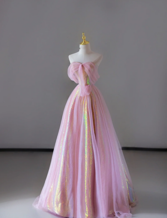 Wunderschönes A-Linie Herzausschnitt Ärmelloses Pailletten Rosa Langes Ballkleid Abschlussballkleid DP522